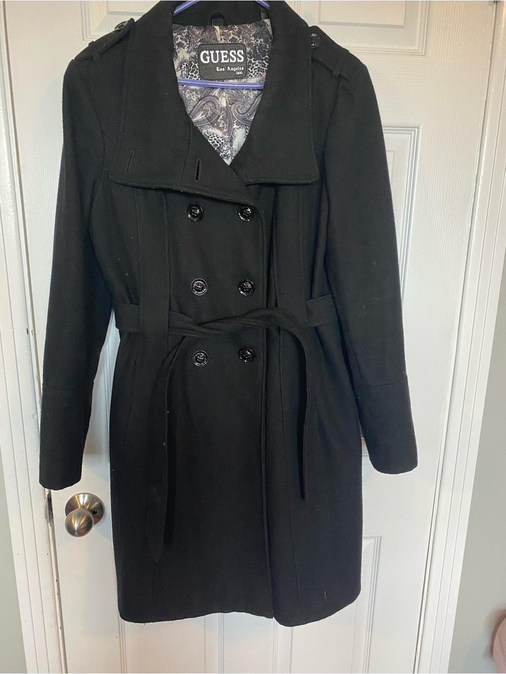 GUESS Black Double Breasted Trench Wool Blend Coat Jacket Belted XL